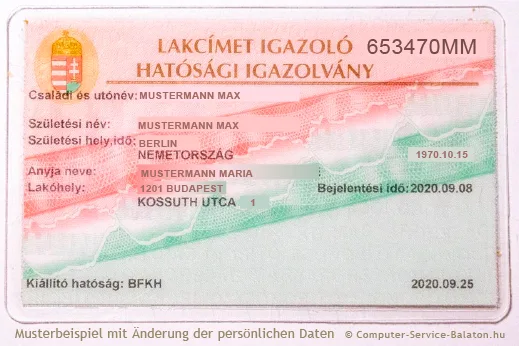 Lakcímkártya, Wohnkarte, Wohnsitzkarte Ungarn